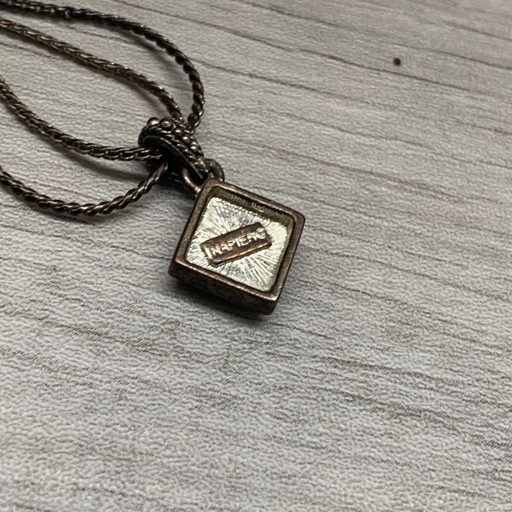 Napier Gunmetal Double Strand Necklace Square Aurora Borealis Rhinestone Pendant - Picture 3 of 7